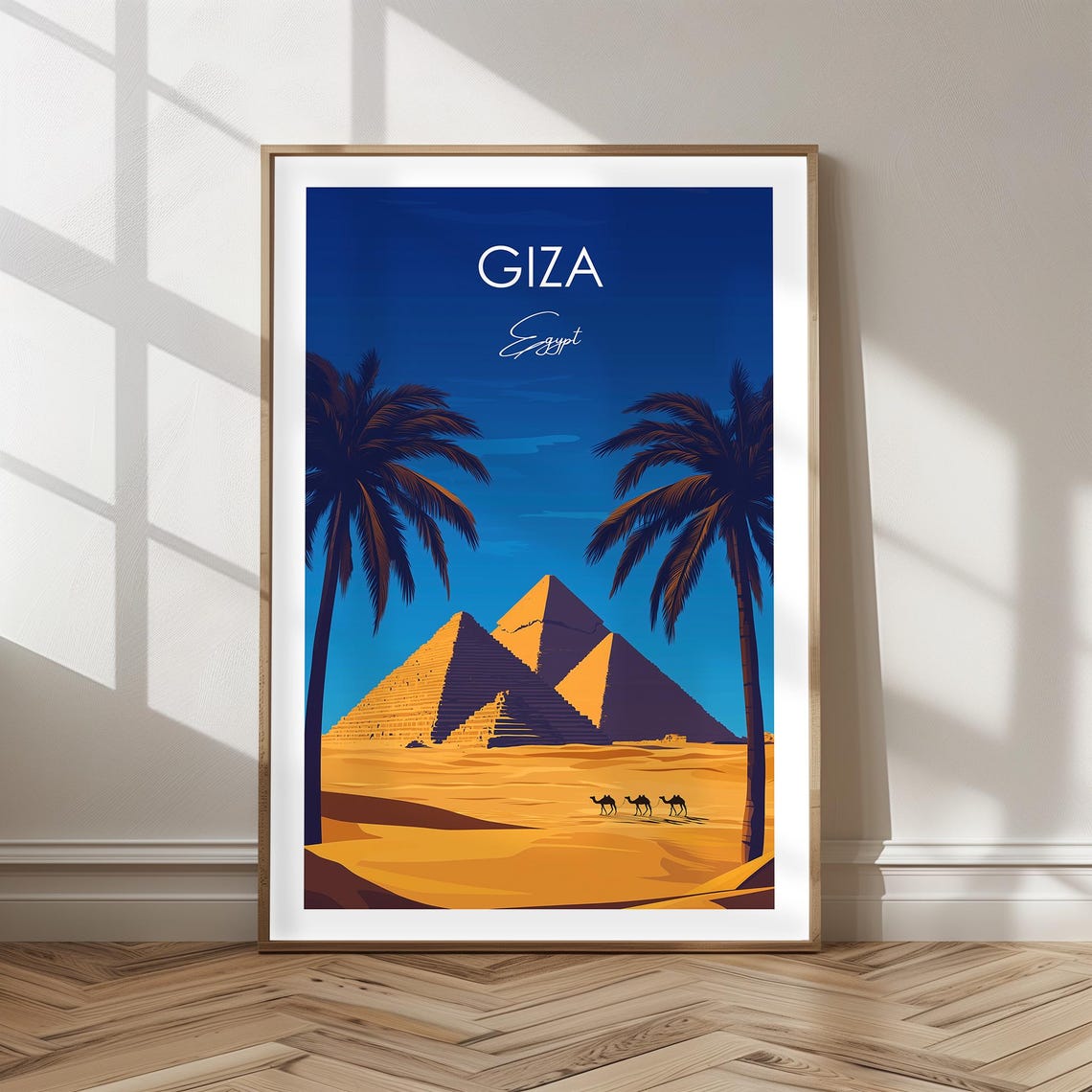 Giza Egypt Pyramids Camel Caravan Desert Sunset Vintage Travel Poster