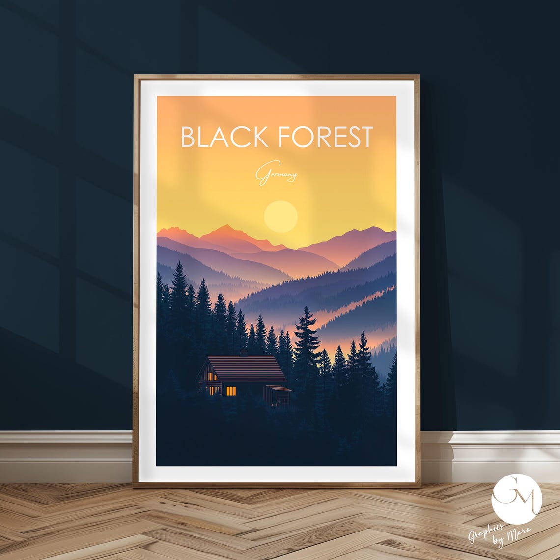 Black Forest Germany Sunset Mountain Cabin Evening Travel Poster