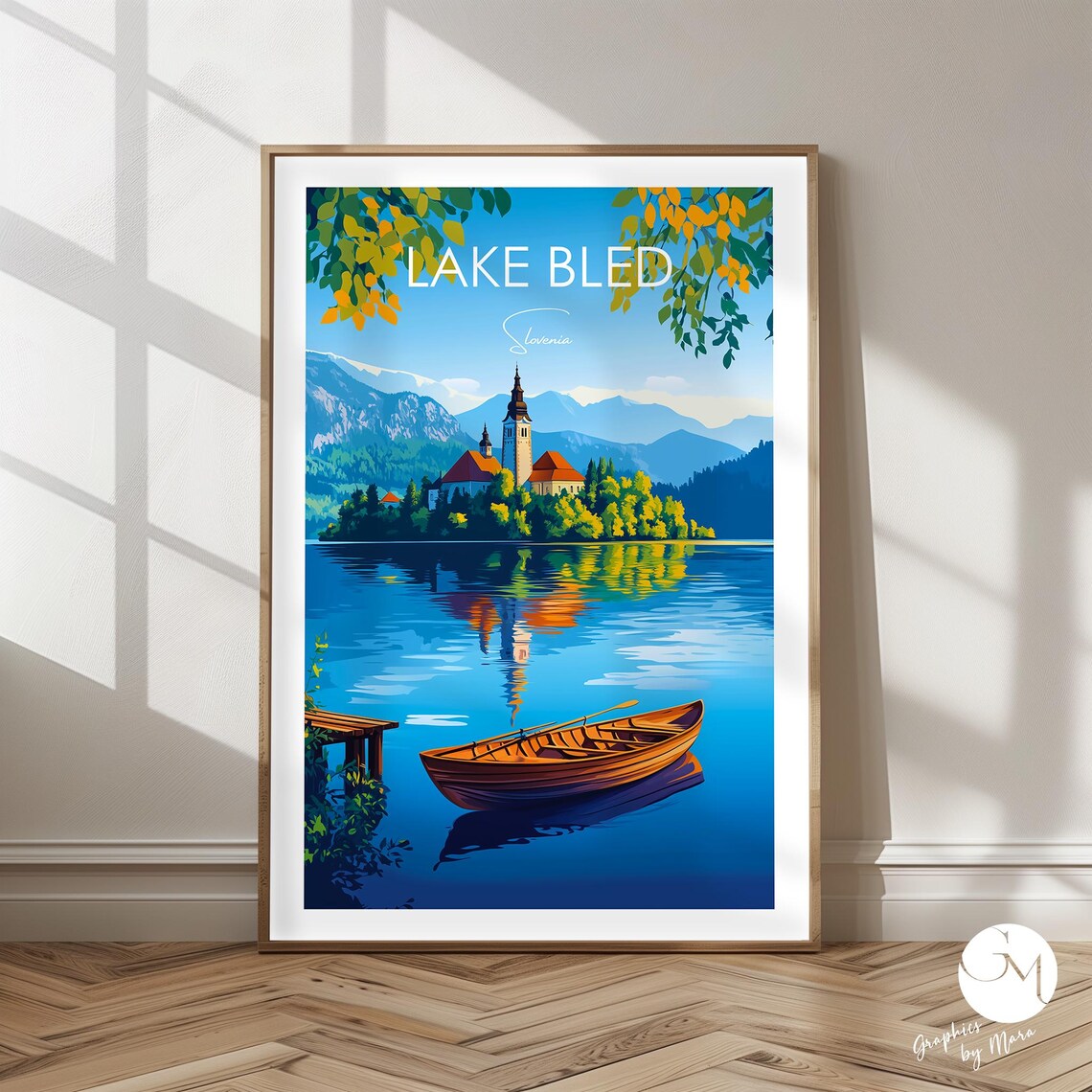 Lake Bled Slovenia Island Church Rowboat Colorful Travel Poster