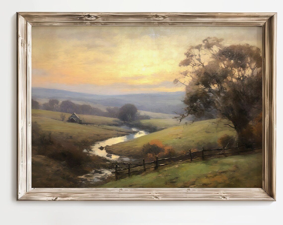 Golden Sunset Valley Stream Cottage Fence Vintage Landscape Poster