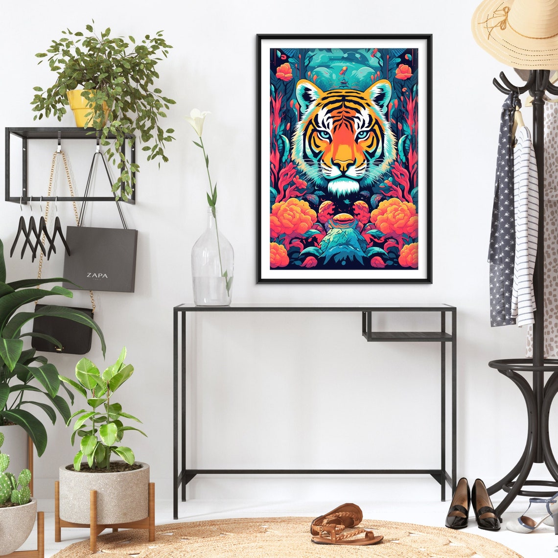Psychedelic Tiger Face Among Wild Red Blooms Jungle Art Poster - Image 2