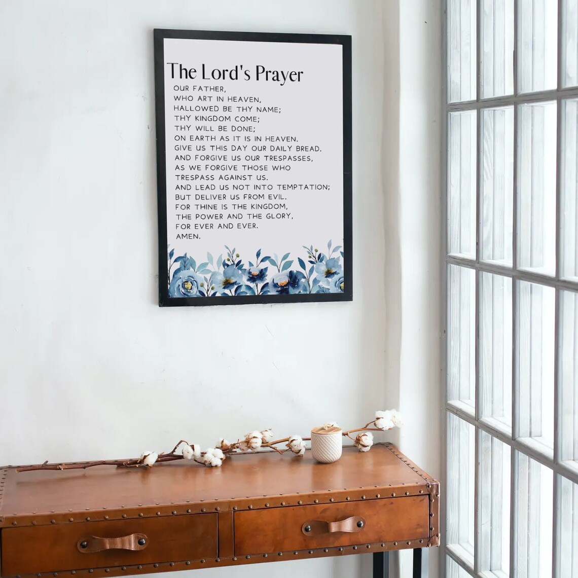 The Lord's Prayer Full Text Blue Floral Watercolor Faith Poster - Image 2