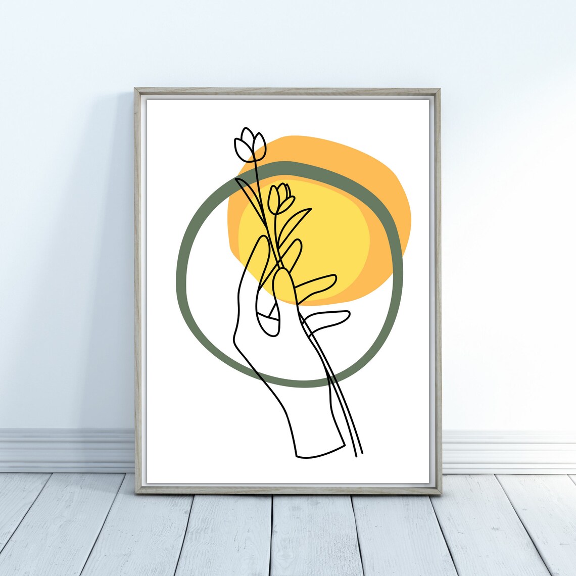Hand Holding Flower Line Art Mustard Sun Minimal Botanical Poster