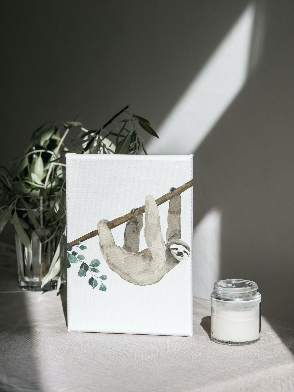 Watercolor Sloth Poster Hanging From Branch With Green Leaves - Image 4