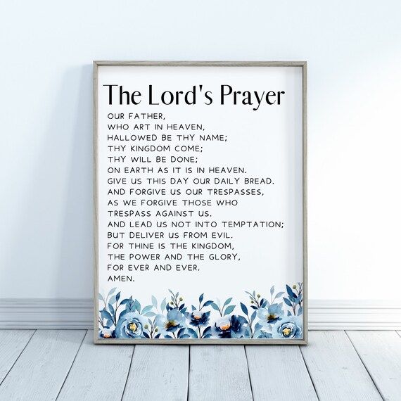 The Lord's Prayer Full Text Blue Floral Watercolor Faith Poster