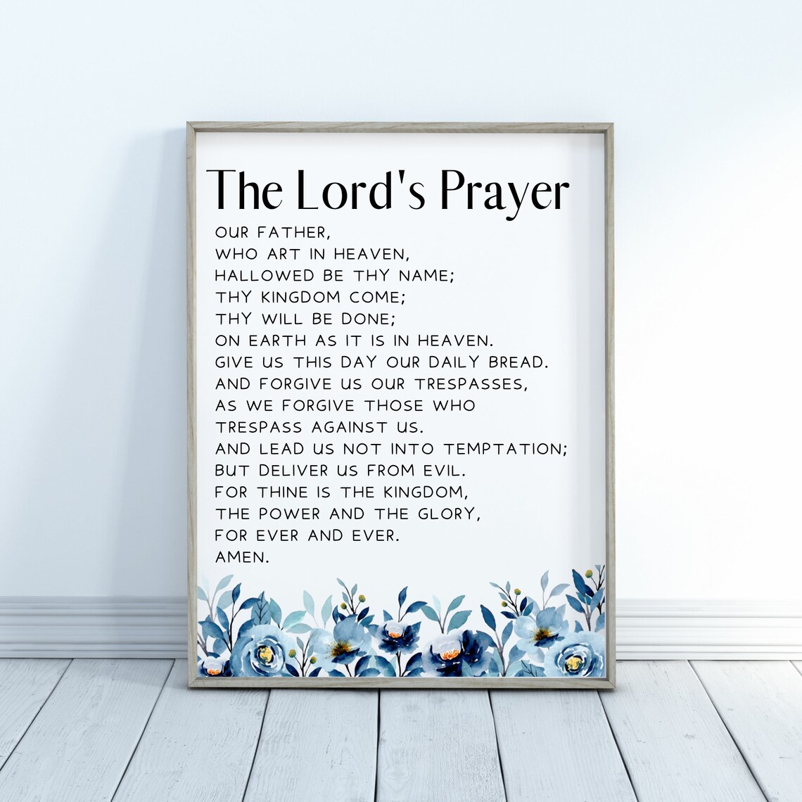 The Lord's Prayer Full Text Blue Floral Watercolor Faith Poster