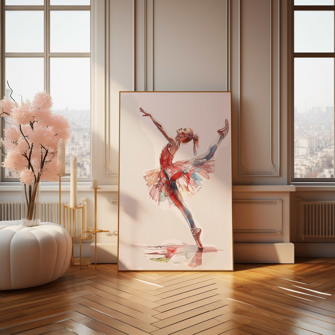Elegant Ballerina in a Flowing Red Tutu Watercolor Dance Poster - Image 4