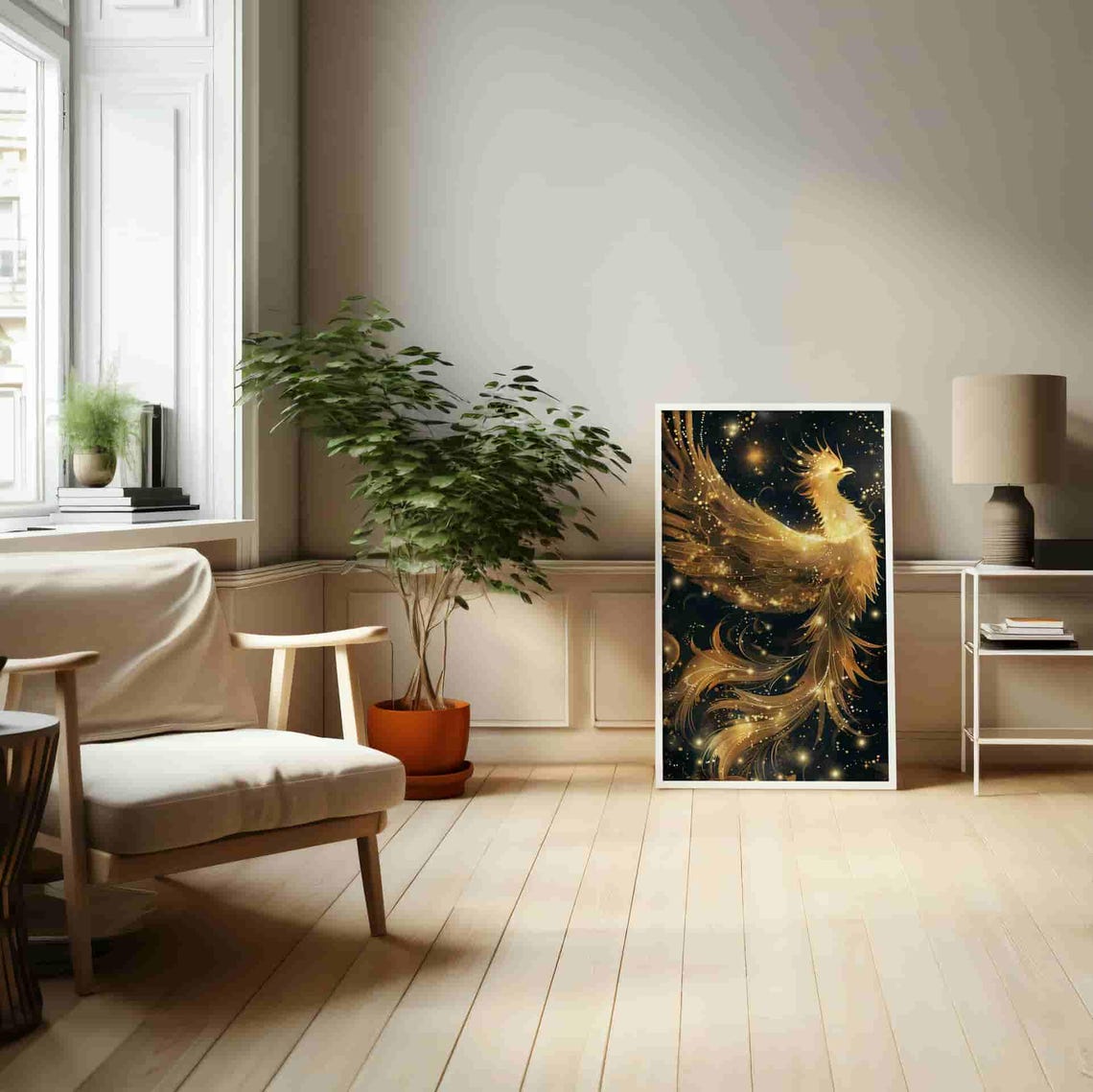 Golden Phoenix Rising Over a Starry Midnight Night Sky Art Poster - Image 2