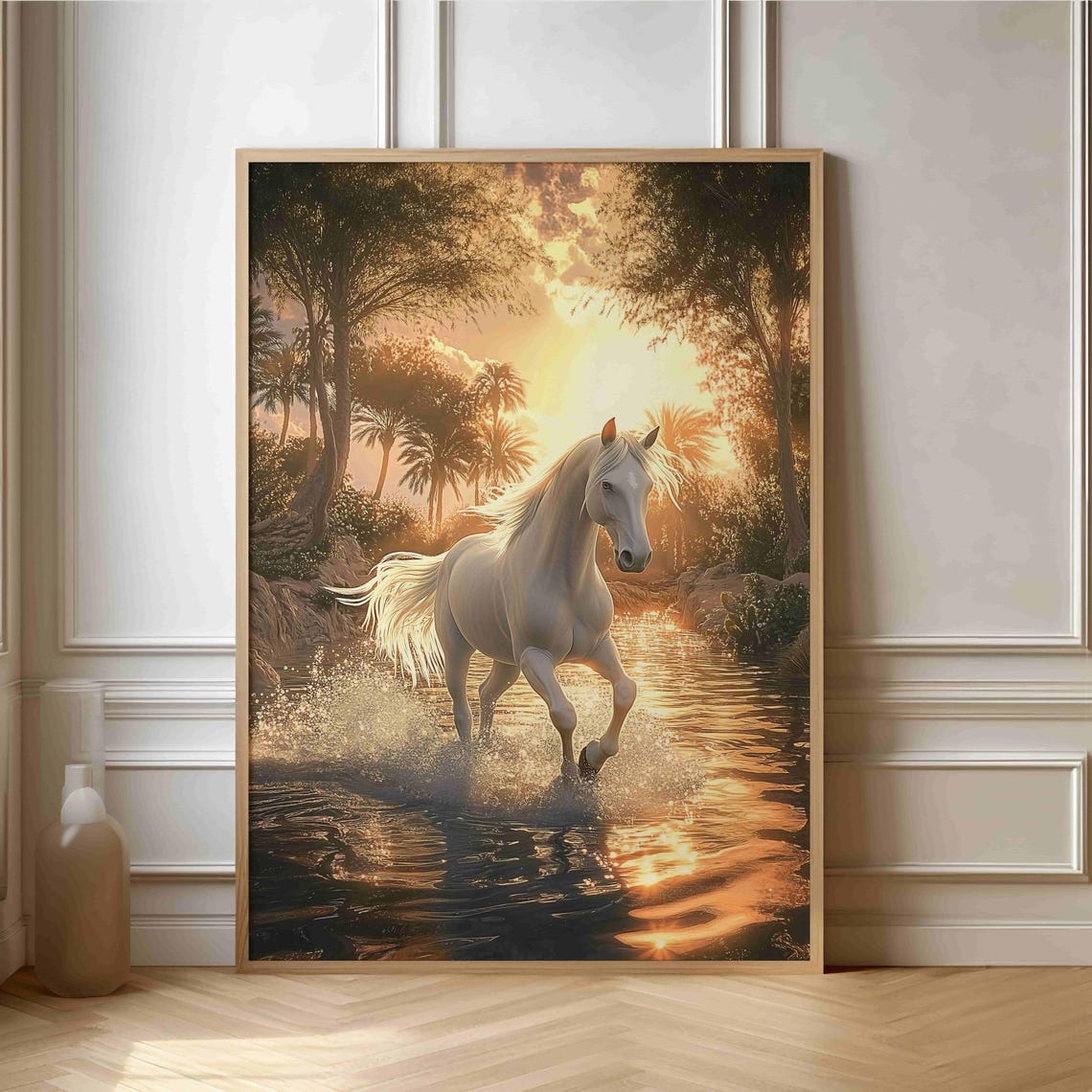 White Horse Galloping Through Water At Golden Sunset Scene Poster
