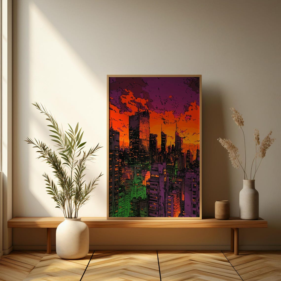 Colorful Neon City Skyline at Sunset Graphic Urban Art Poster - Image 3