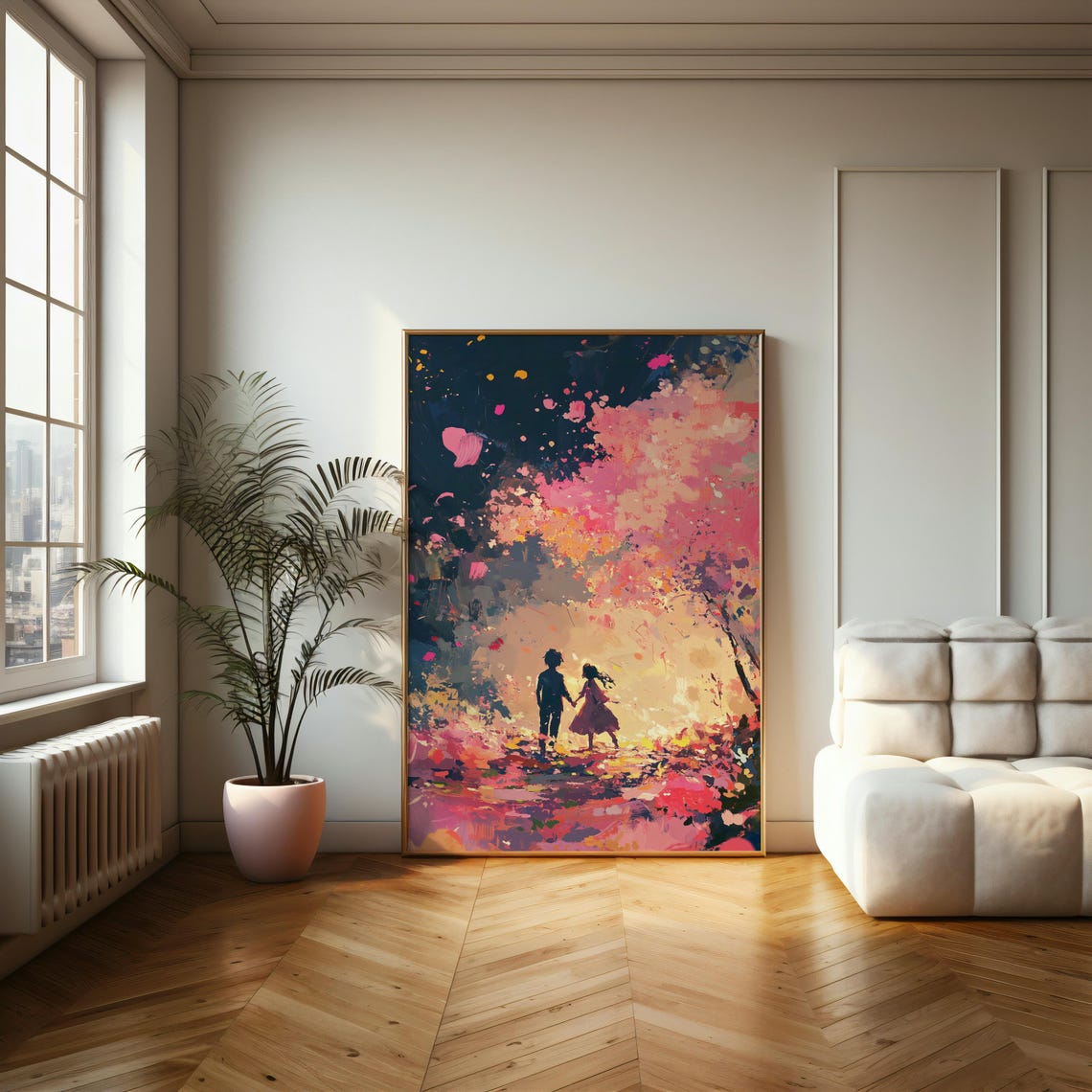 Lovers Walking Under Cherry Blossoms Romantic Sunset Art Poster - Image 2