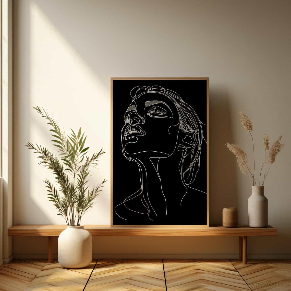 Minimalist Black And White Single Line Woman Face Looking Up Wall Art - Image 3