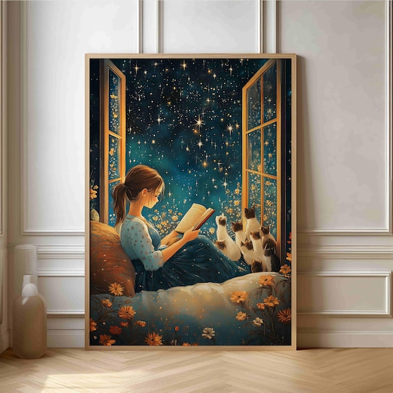 Girl Reading Under Starry Night Sky with Cats Illustration Poster