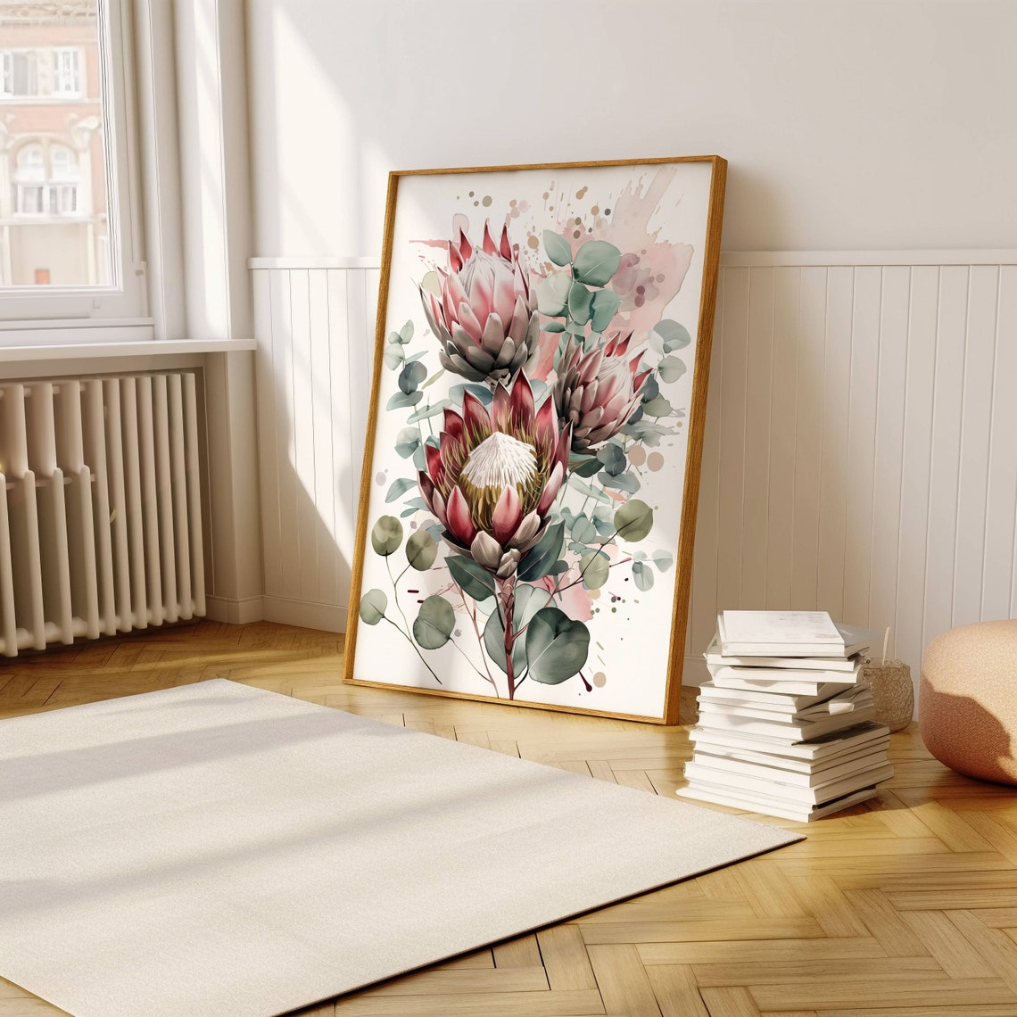 Pink King Protea Watercolor with Eucalyptus Botanical Art Poster - Image 5