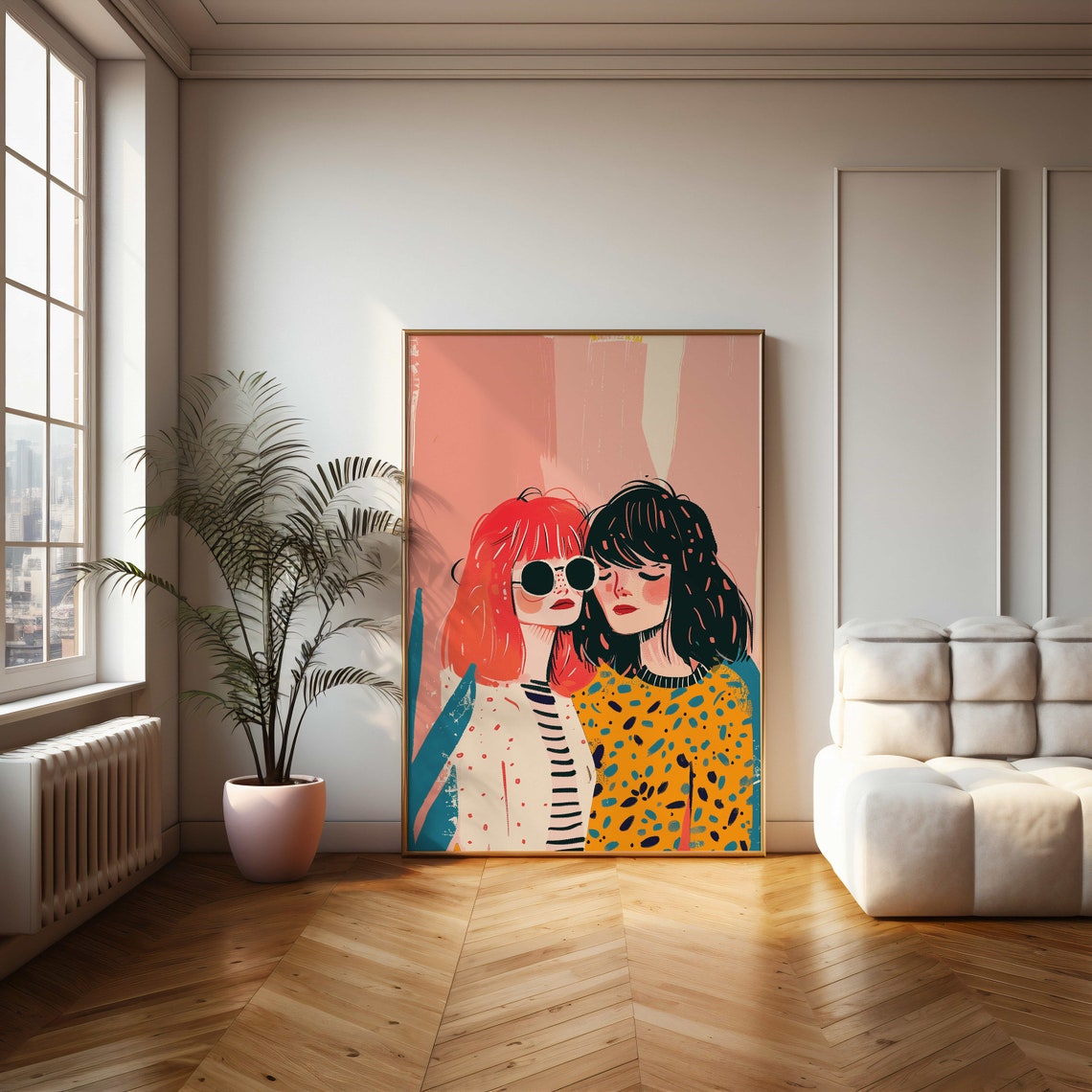 Two Cool Girlfriends Retro Fashion Portrait Illustration Poster - Image 2