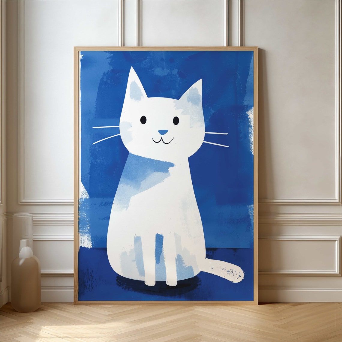 Smiling White Cat On Deep Blue Watercolor Whimsical Art Poster