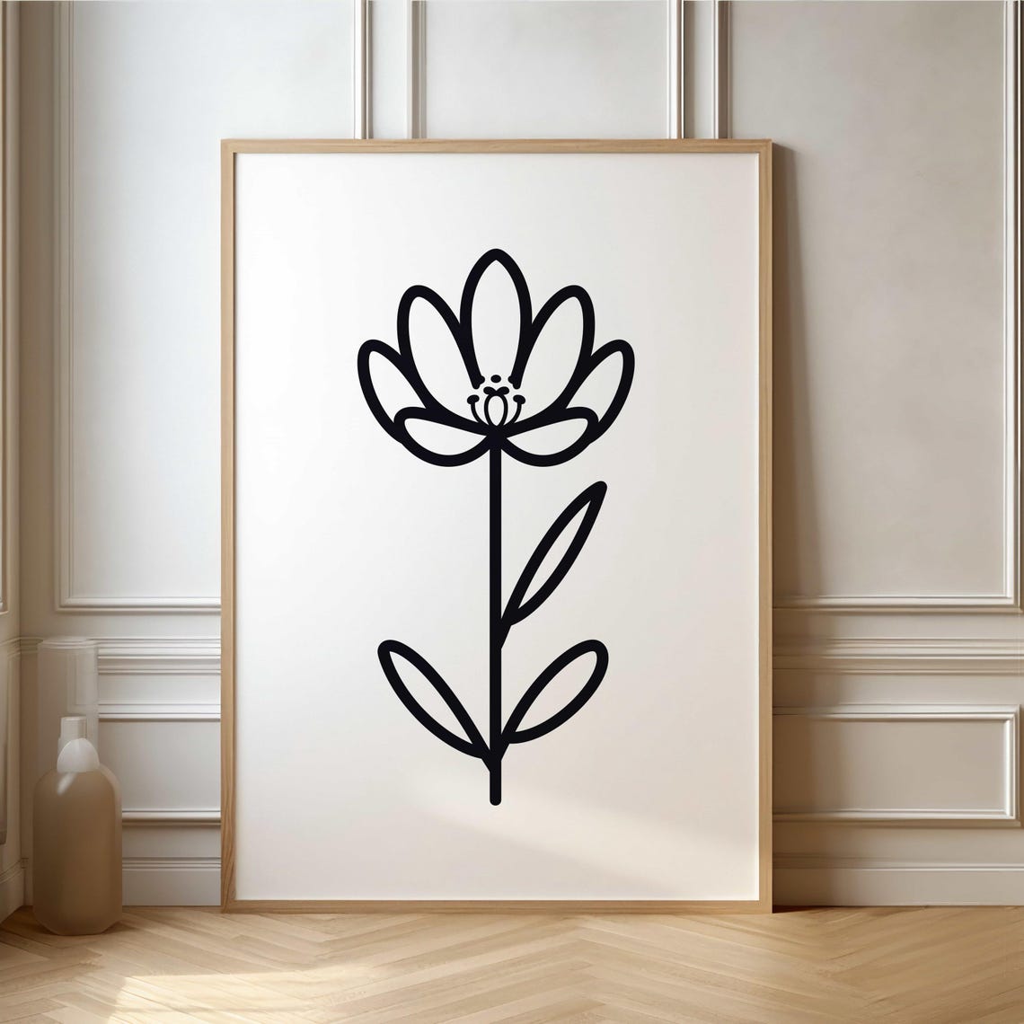 Bold Black Outline Flower Icon Minimalist Single Line Art Poster