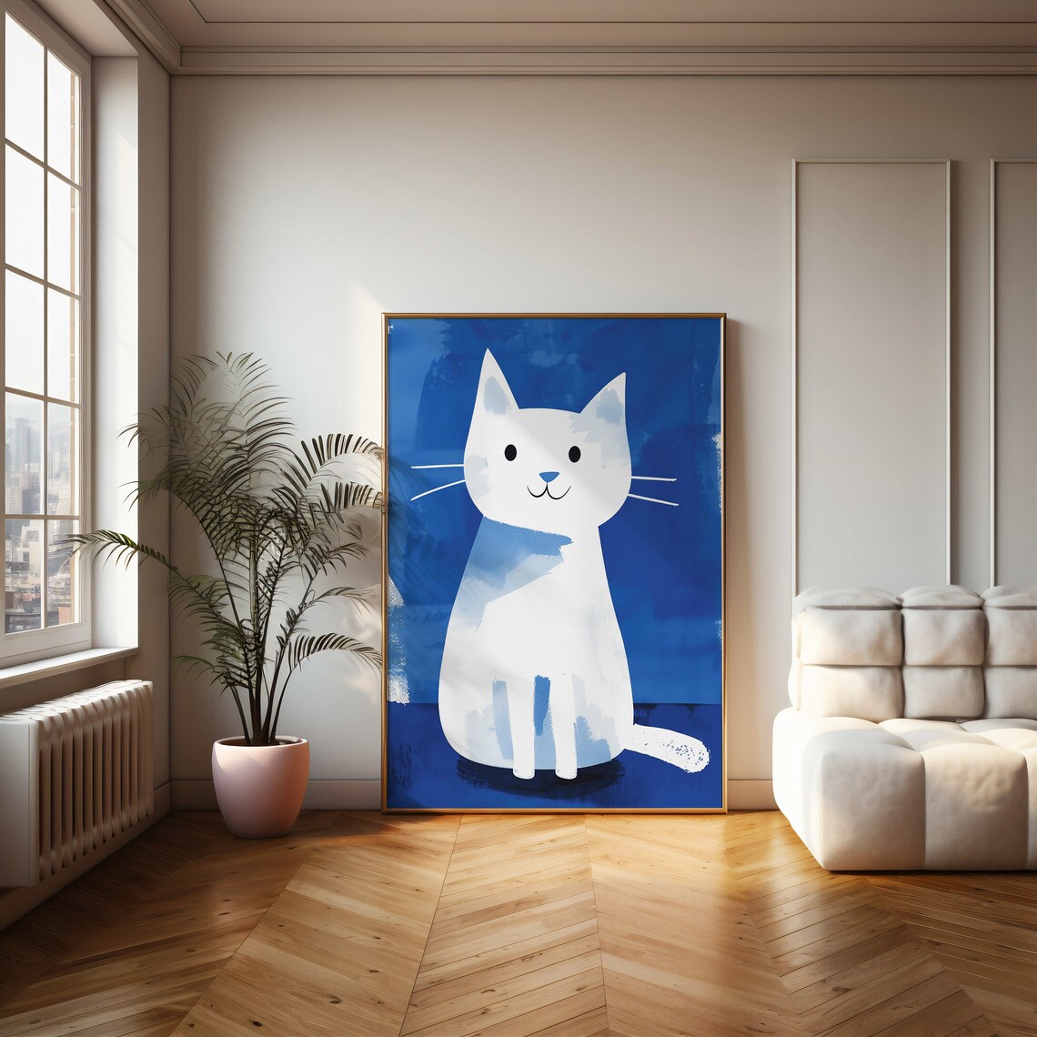 Smiling White Cat On Deep Blue Watercolor Whimsical Art Poster - Image 2