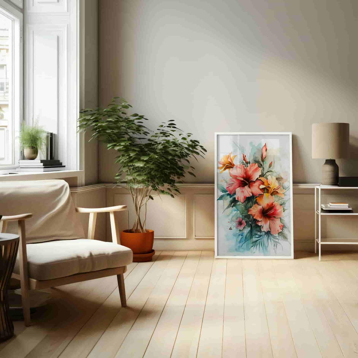 Coral Hibiscus Watercolor Blooms Tropical Floral Wall Poster - Image 2