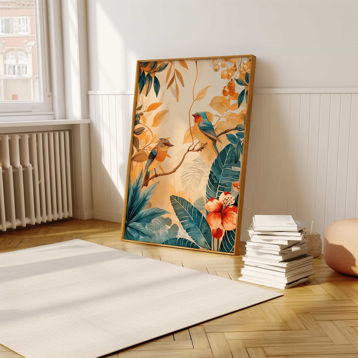 Two Tropical Songbirds on a Branch Botanical Watercolor Wall Art - Image 5