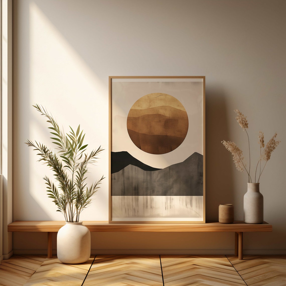 Golden Sun Over Gray Layered Mountains Abstract Minimalist Poster - Image 3