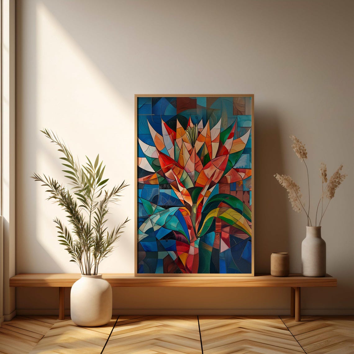 Cubist Geometric Protea Flower Fiery Red Blue Abstract Art Poster - Image 3