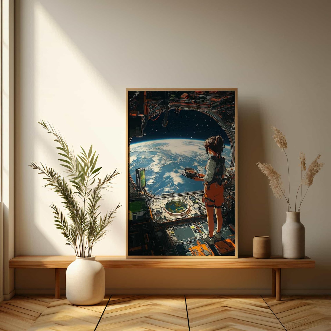 Anime Girl Eating Noodles In Space Station Cozy Sci Fi Art Print - Image 3