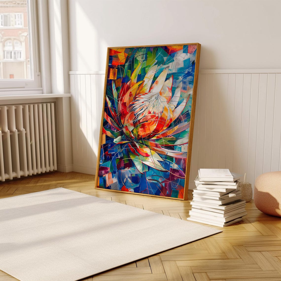 Abstract Cubist Protea Burst Orange Blue Geometric Art Poster - Image 5