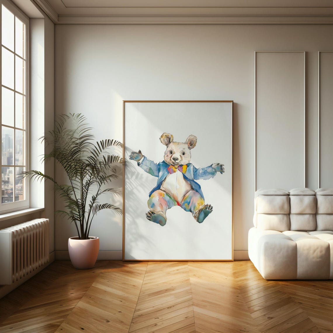 Dancing Bear In Blue Jacket Watercolor Whimsical Nursery Poster - Image 2