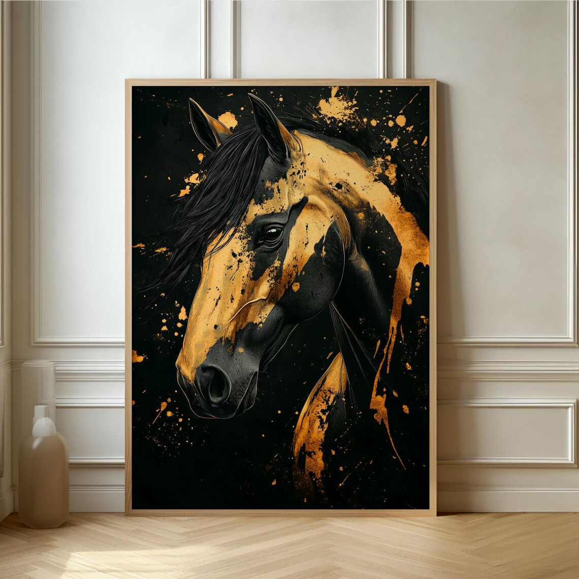 Black and Gold Horse Portrait Dramatic Splash Art Wall Poster