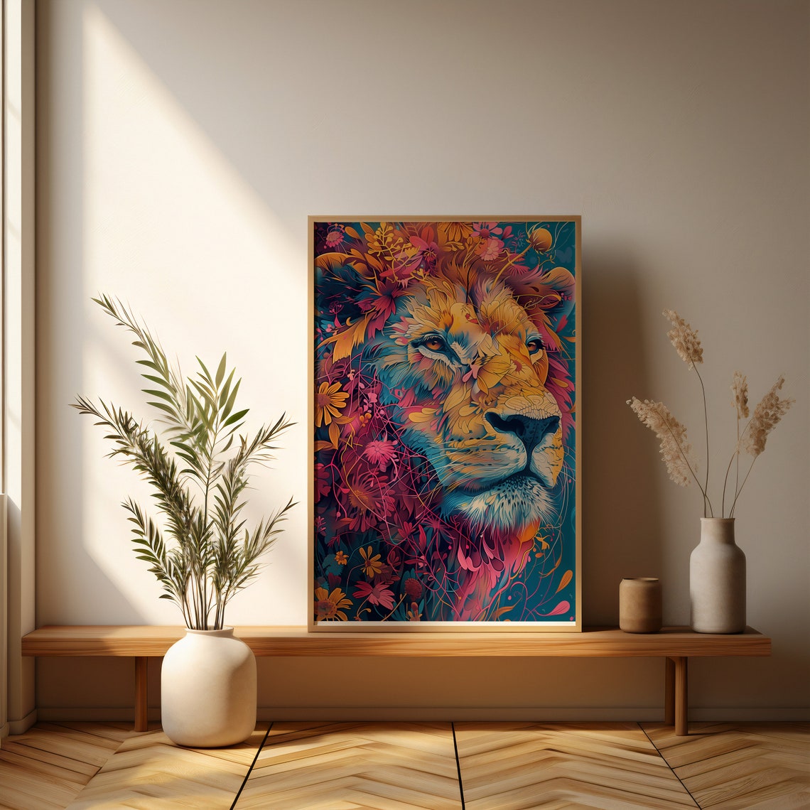 Colorful Lion Portrait With Floral Mane on a Teal Canvas Poster - Image 5