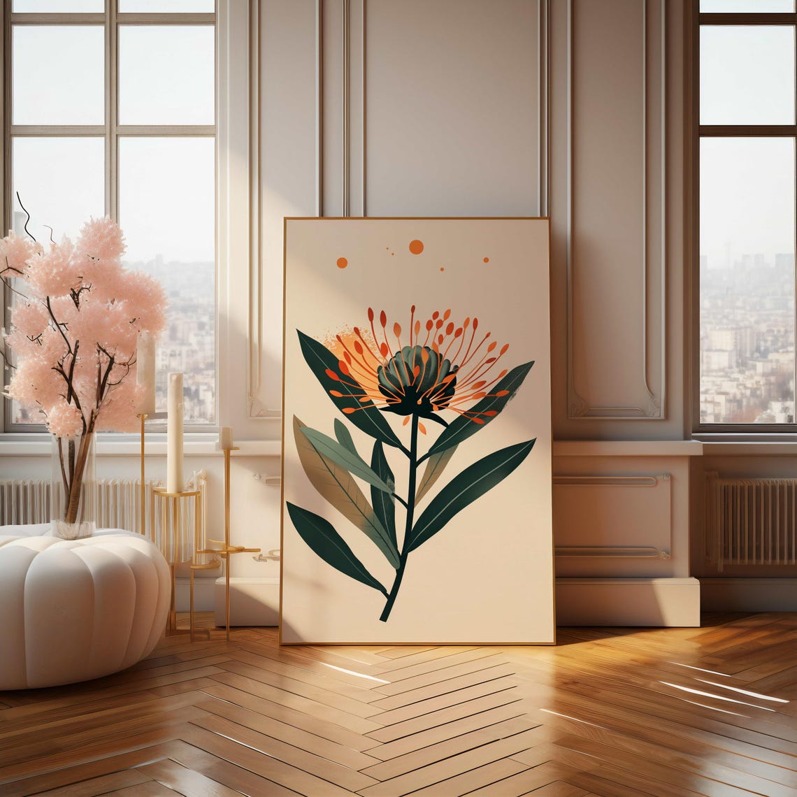 Lone Orange Protea Bloom Minimalist Cream Botanical Art Poster - Image 4
