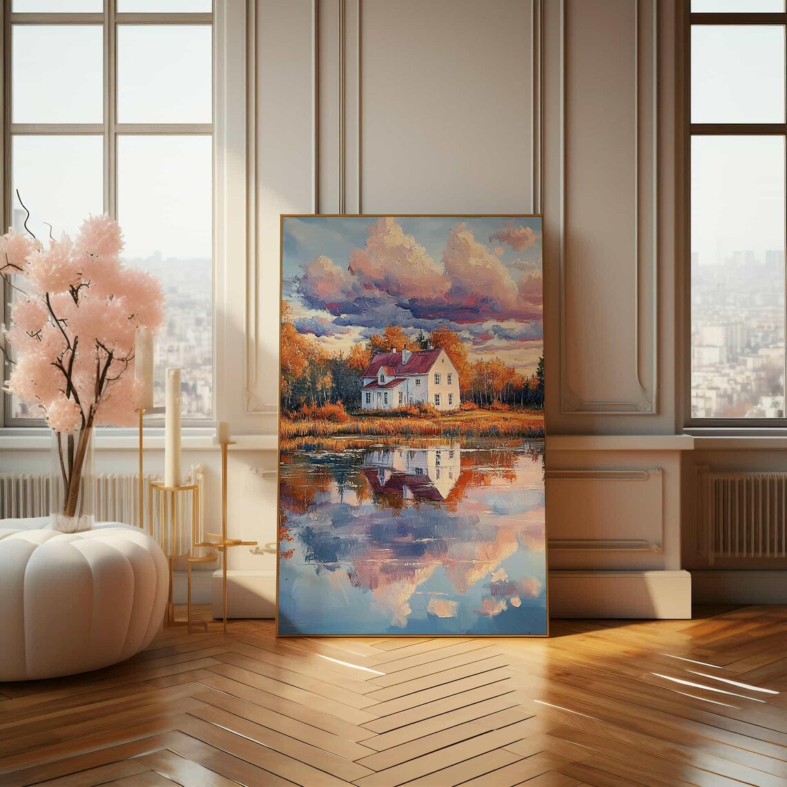 White Lakeside House with Red Roof Autumn Reflection Painting Poster - Image 4