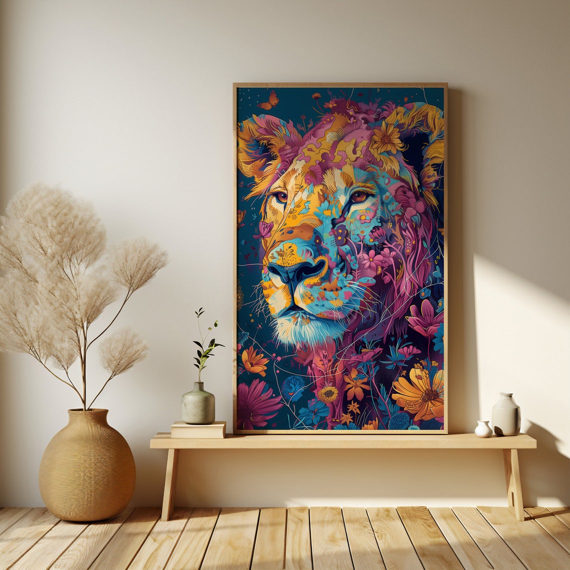 Front Facing Floral Lion Portrait With Butterflies Dark Teal Poster - Image 4