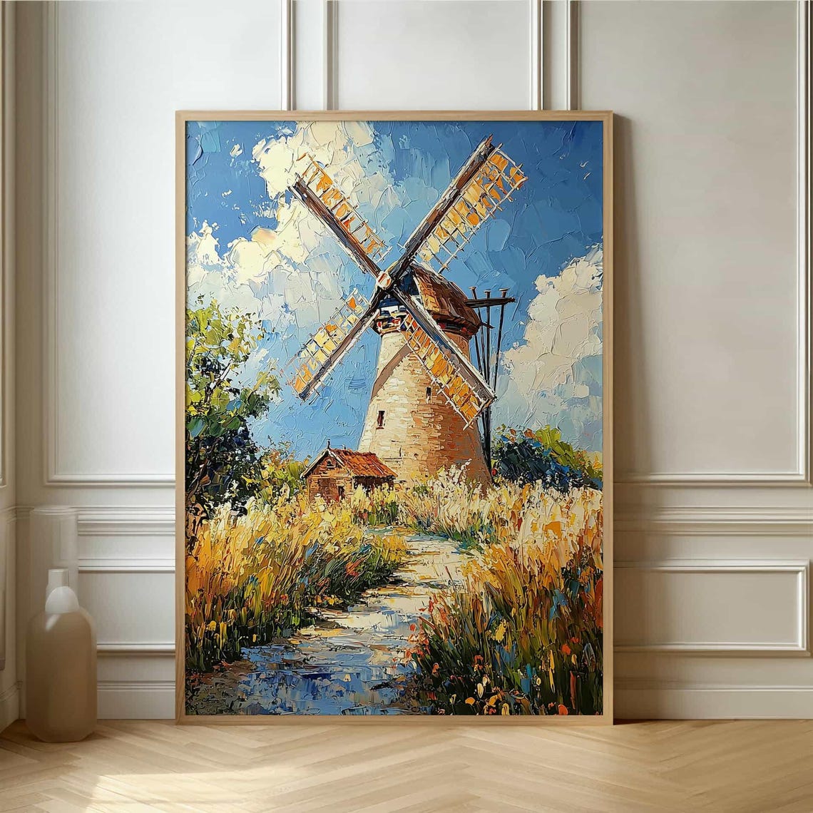 Dutch Windmill in Golden Wheat Field Impasto Oil Painting Poster
