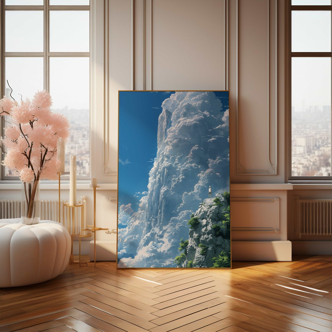 Dreamy Cloud Waterfall Cliffside Anime Sky Landscape Art Poster - Image 4