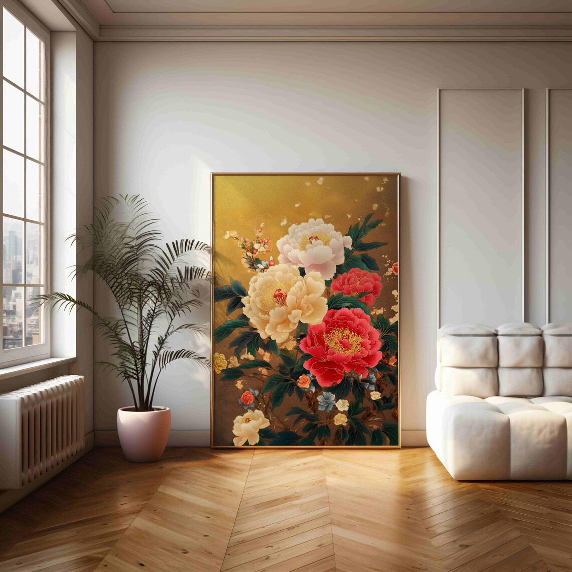 Japanese Style Peony Flowers On Golden Background Elegant Art Print - Image 2