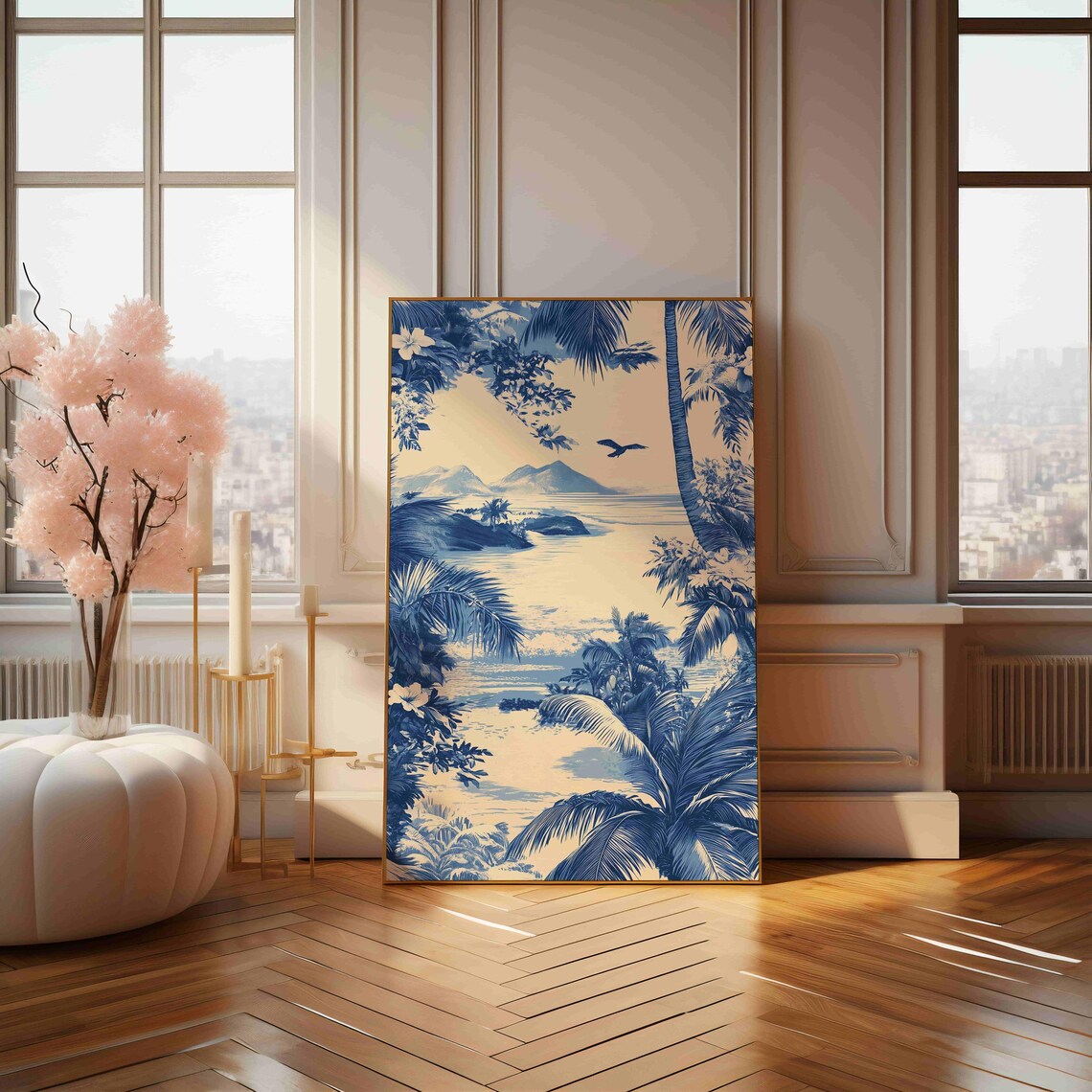 Blue And White Tropical Lagoon View Through Palm Fronds Art Print - Image 4