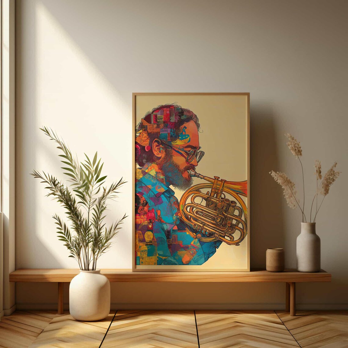 Abstract Colorful Jazz Musician Playing French Horn Geometric Style Wall Art - Image 3