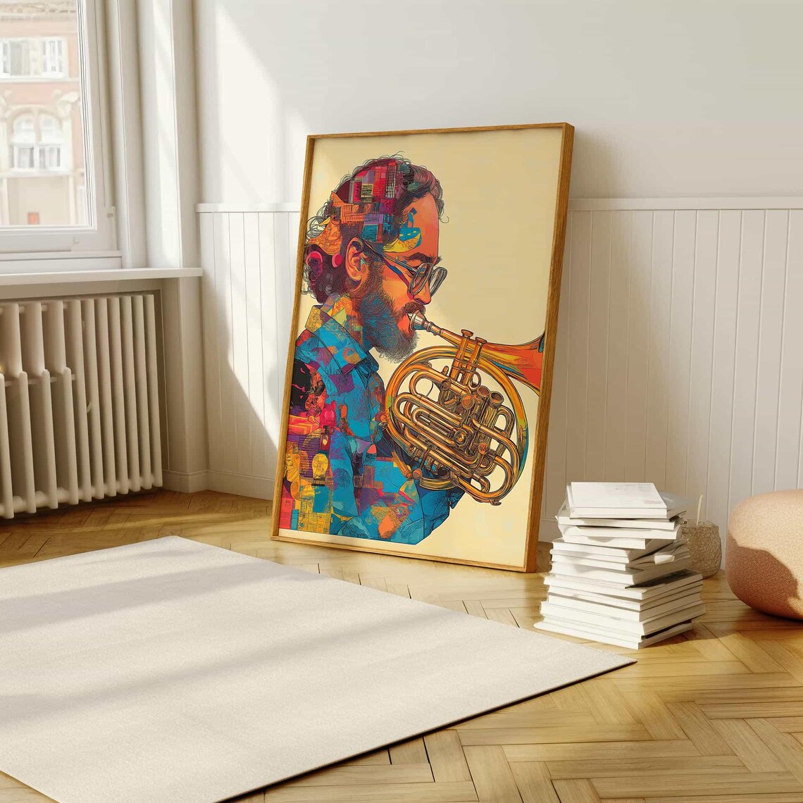 Abstract Colorful Jazz Musician Playing French Horn Geometric Style Wall Art - Image 5
