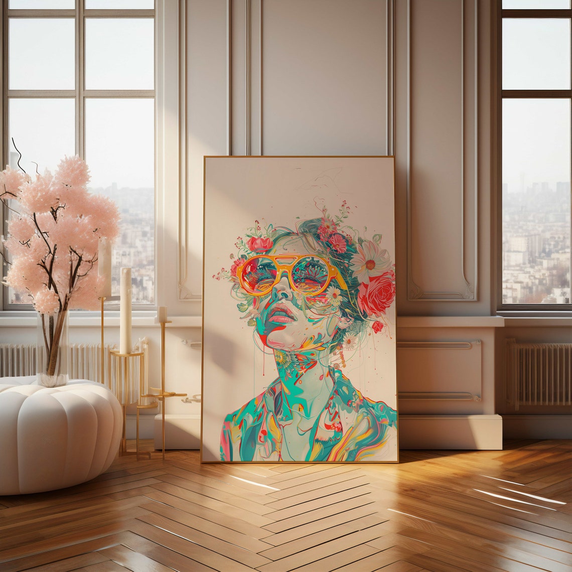 Woman In Yellow Sunglasses Colorful Floral Illustration Poster - Image 4