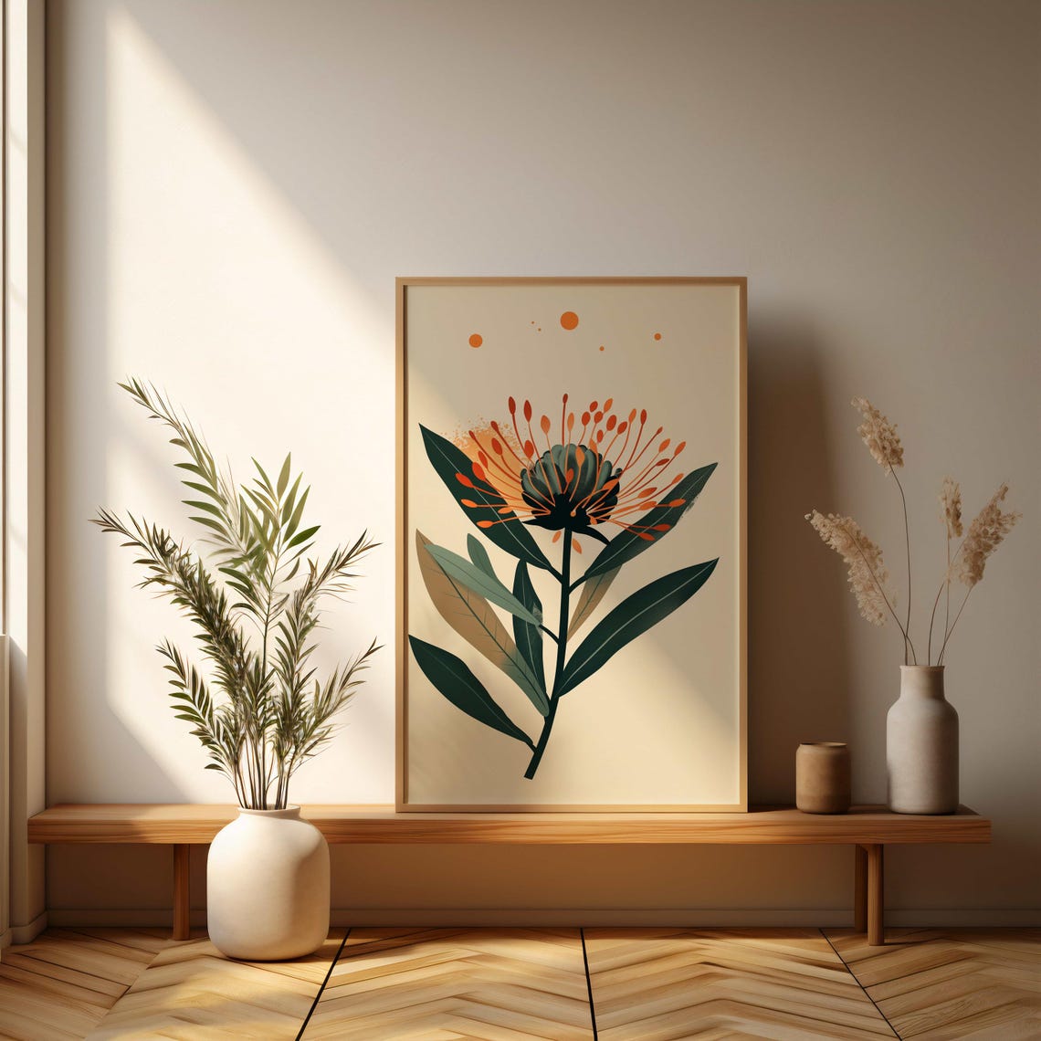 Lone Orange Protea Bloom Minimalist Cream Botanical Art Poster - Image 3