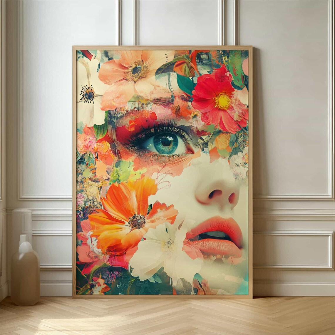 Floral Collage Woman Face Modern Abstract Portrait Art Poster