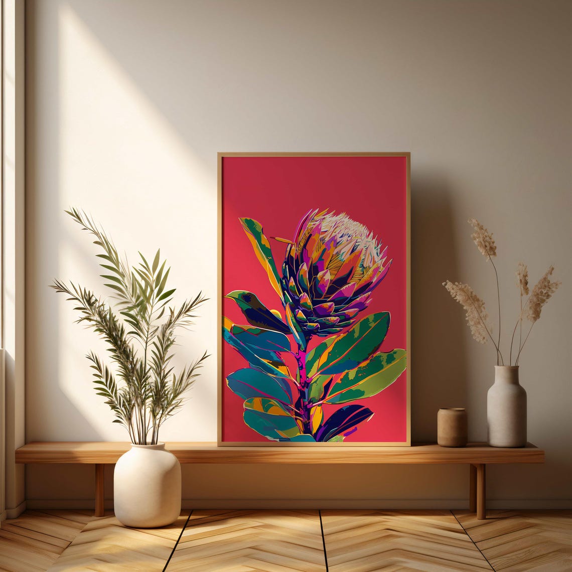 Bold Pop Art King Protea Bloom on a Solid Coral Red Background Poster - Image 3