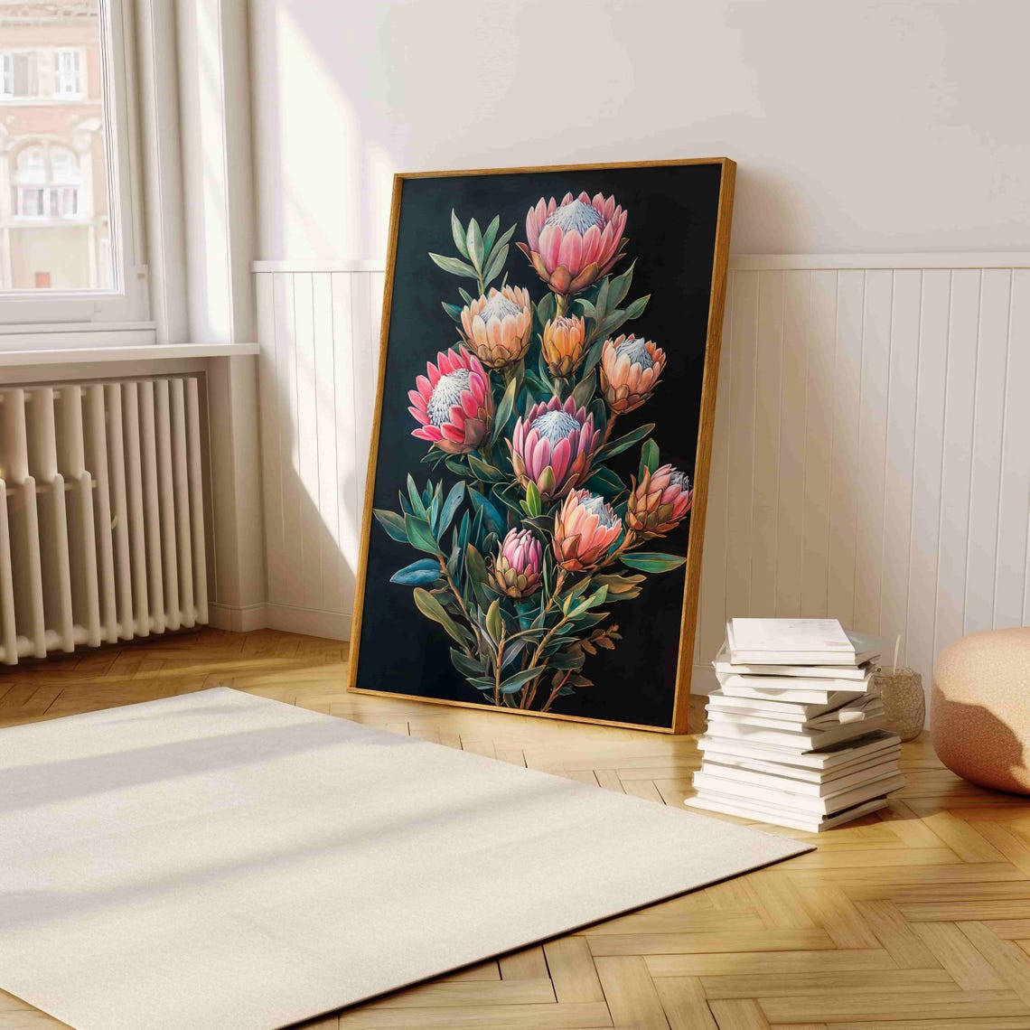 King Protea Flowers Bouquet On Black Exotic Botanical Art Print - Image 5