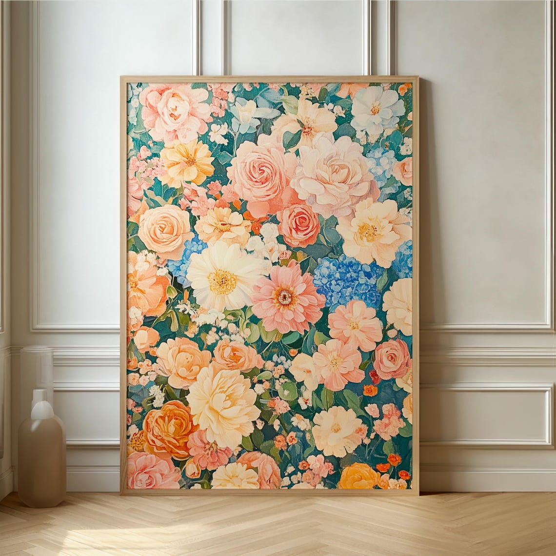 Peach Roses and Peonies Dense Floral Pattern Botanical Wall Poster
