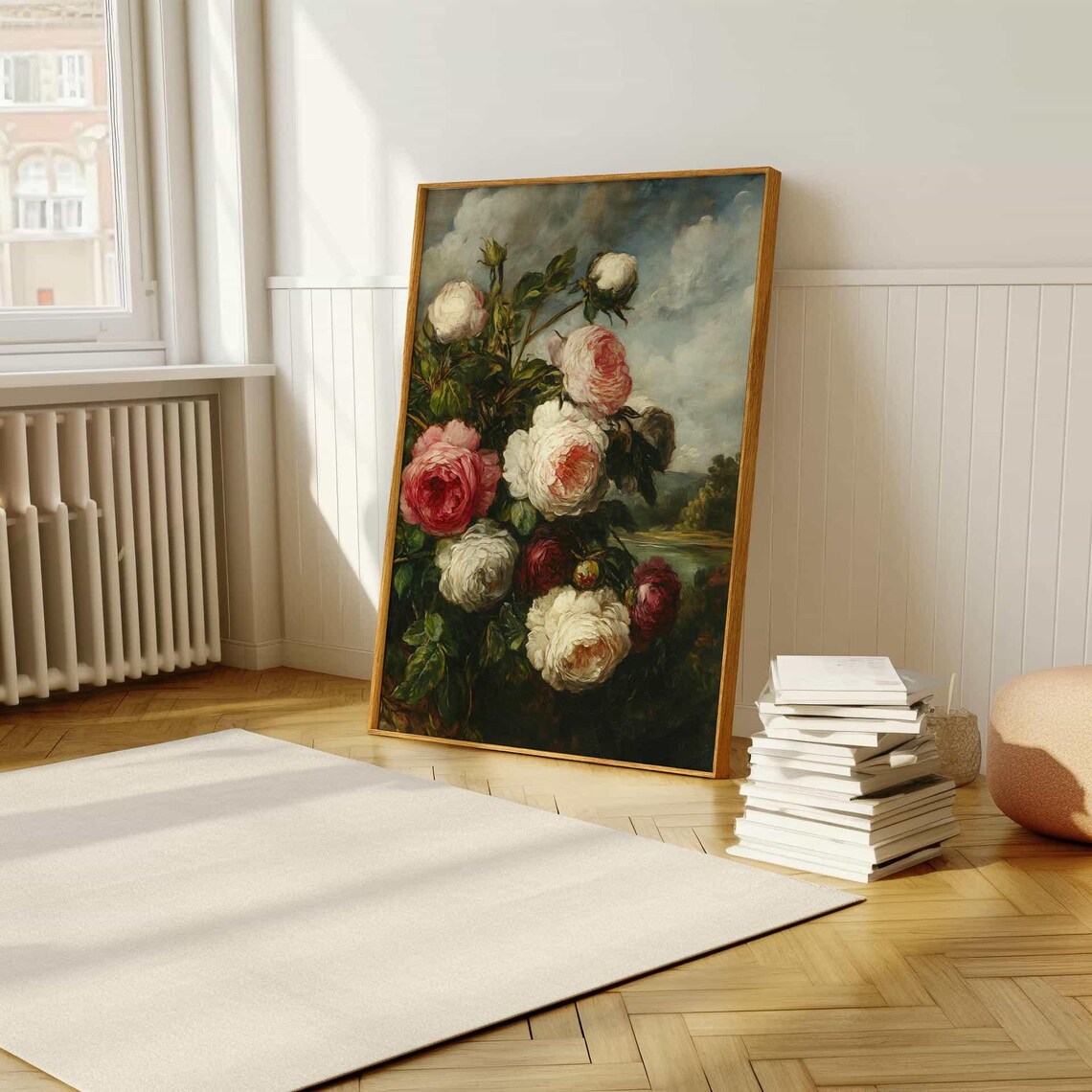 Vintage Oil Painting of Pink and White Roses Against Sky Poster - Image 5