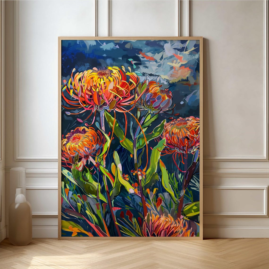 Fiery Protea Pincushion Flowers Night Sky Expressionist Poster
