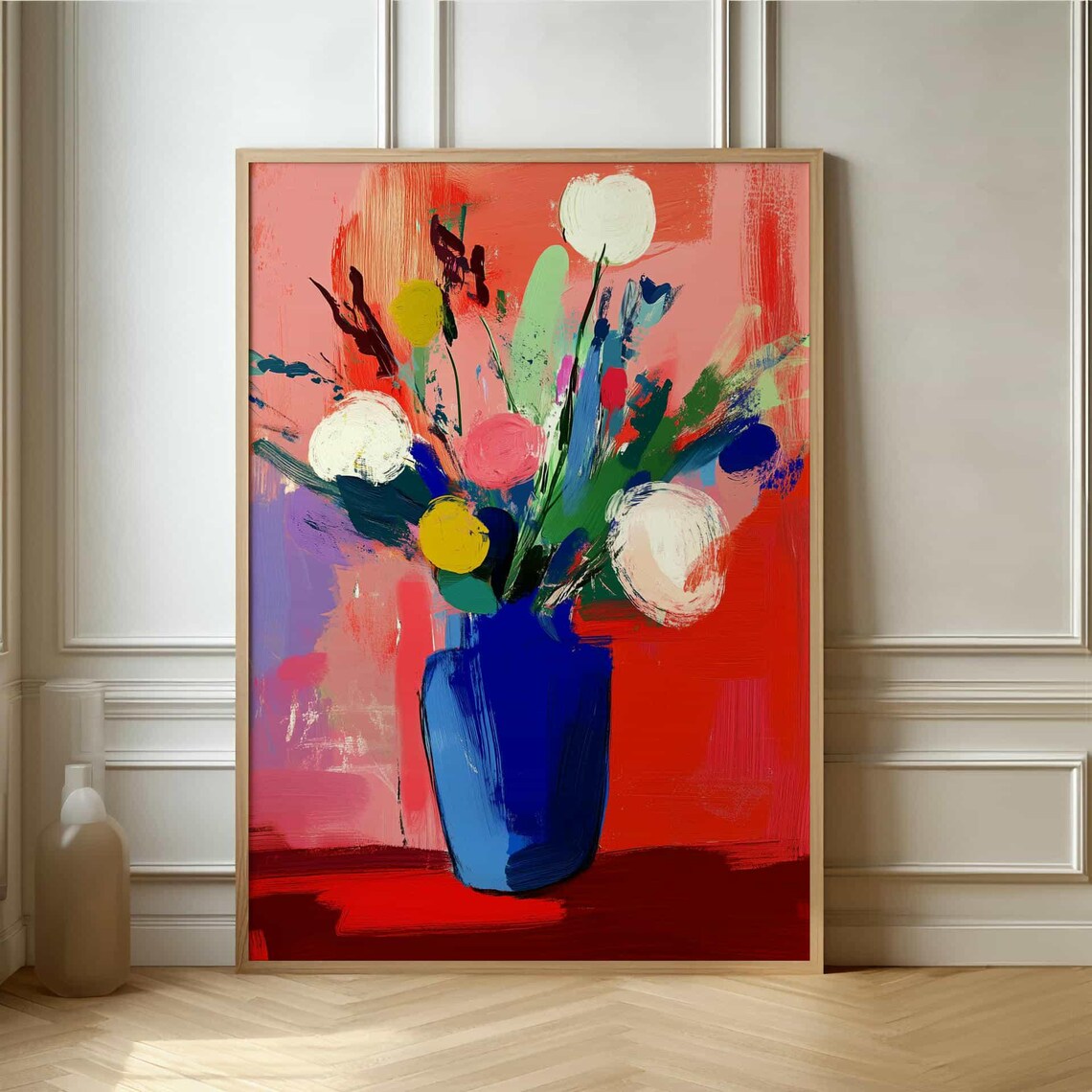 Abstract Flower Bouquet in Blue Vase Bold Brushstroke Art Poster