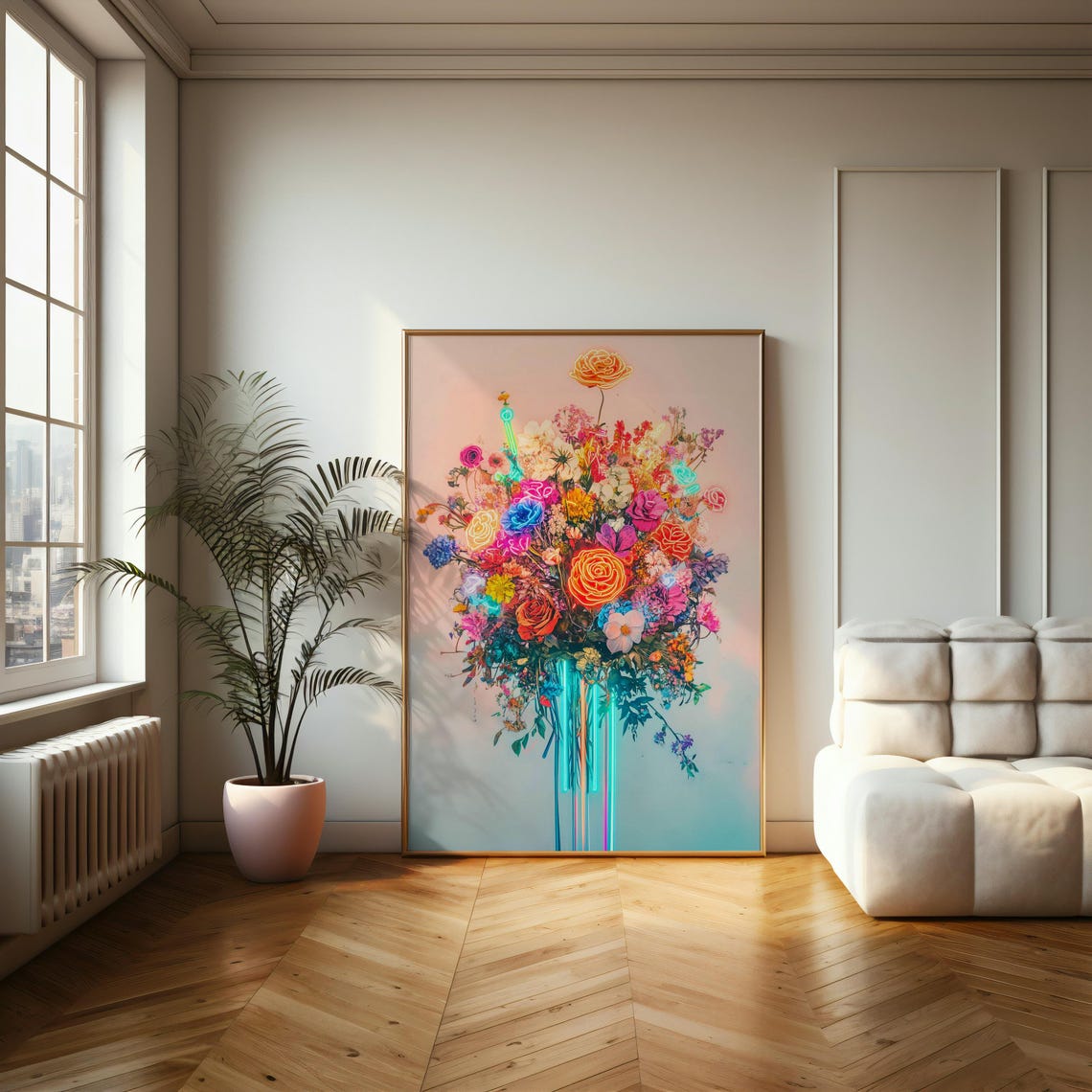 Neon Glowing Flower Bouquet on Pastel Background Modern Art Poster - Image 2